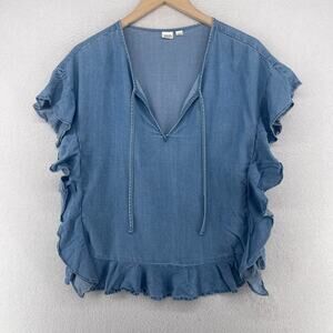 GAP Top Womens M Cascade Ruffle Sleeve Chambray Blouse Tie Neck Boxy Blue